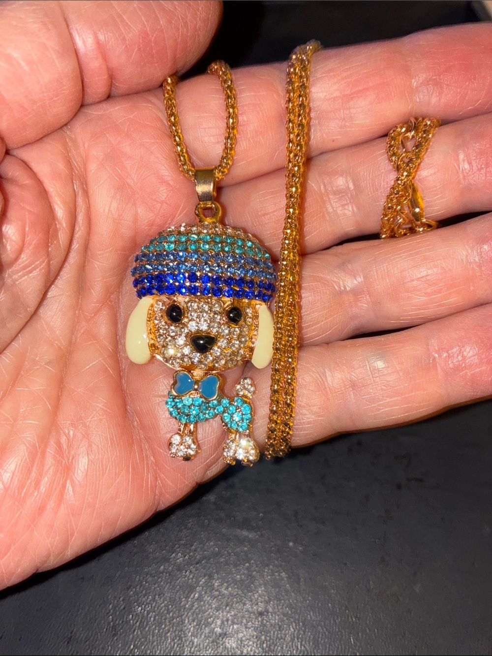 Blue & Teal Dog Pendant Necklace. Head and Body Move. Moveable Piece of Jewelry